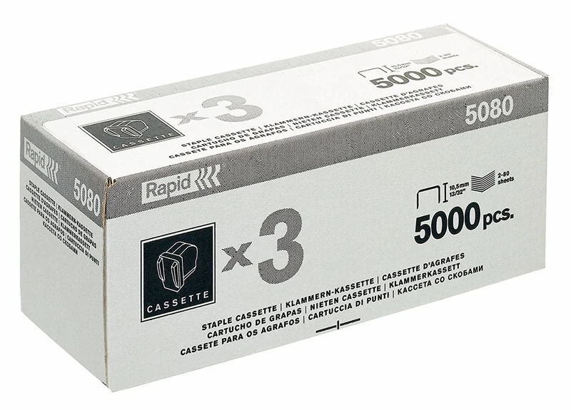 Rapid R5080 Staple Refill Cassette, For Stapling up to 80 Sheets, Use with the Rapid 5080e Electric Stapler, Pack of 3 Cartridges, 15000 Staples, 20993701