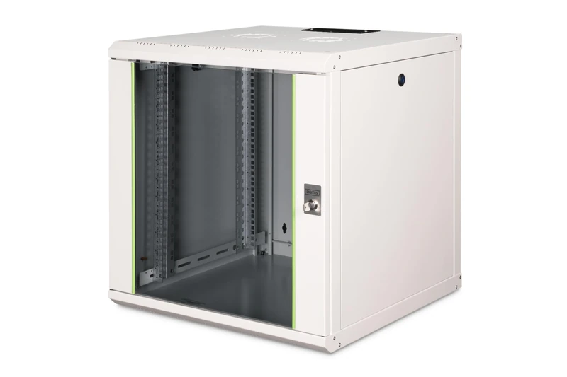 DIGITUS Network Cabinet – 19-inch rack – 12U – 600 mm x 600 mm (WxD) – Internal depth 450 mm – Wall mounting – Load capacity 100 kg – Safety glass door – Protection class IP20 – Unique Series – Grey