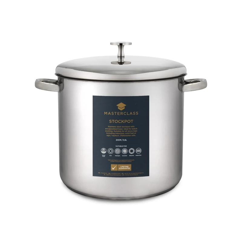 MasterClass Stock Pot With Lid 8.5L/24cm, Induction-Safe, Stainless Steel, Silver