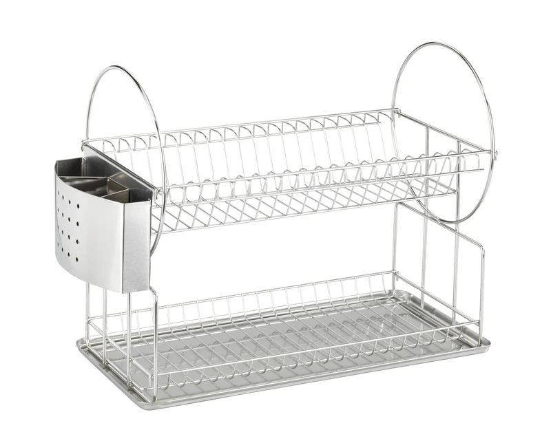 Wenko 2329100 Dish Rack Exclusive Duo drip Rack for Plates and Cups, Cutlery Basket, Drippy Tray, Metal Stainless Steel, 21 x 33 x 49 cm, Silver matt