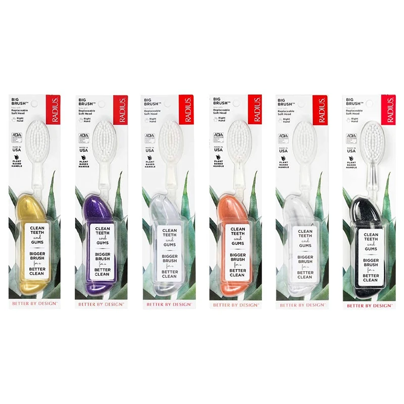 RADIUS Big Brush BPA Free & ADA Accepted Toothbrush Designed to Improve Gum Health & Reduce Gum Issues - Right Hand - Assorted - Pack of 6