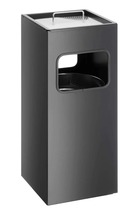 Durable Metal Square Waste Bin Black With Ashtray Top | Bin Capacity 17 Litres | Ashtray Capacity 2 Litres | Ideal for Sheltered Outdoor Areas Such As Smoking Areas