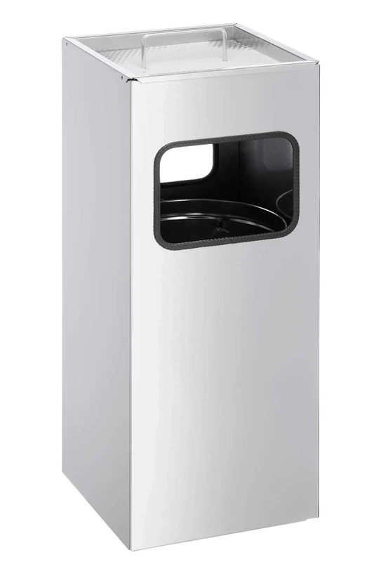 Durable Metal Square Waste Bin Silver With Ashtray Top - Bin Capacity 17 Litres - Ashtray Capacity 2 Litres - Ideal for Sheltered Outdoor Areas