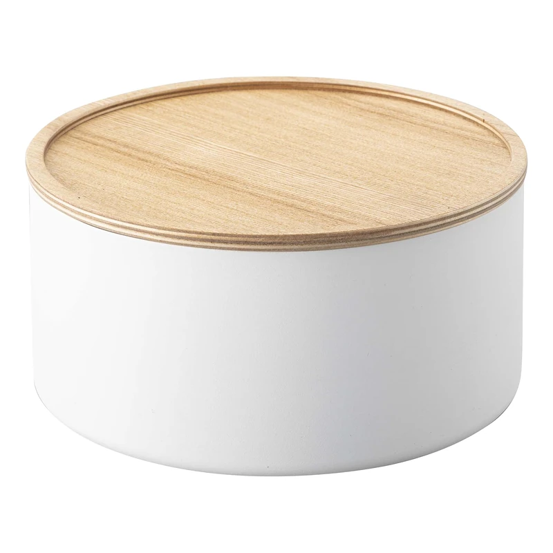 YAMAZAKI 5803 RIN Storage Case With Lid Round Deep, white, Steel/Wood, Minimalist, 22 x 22 x 11 cm