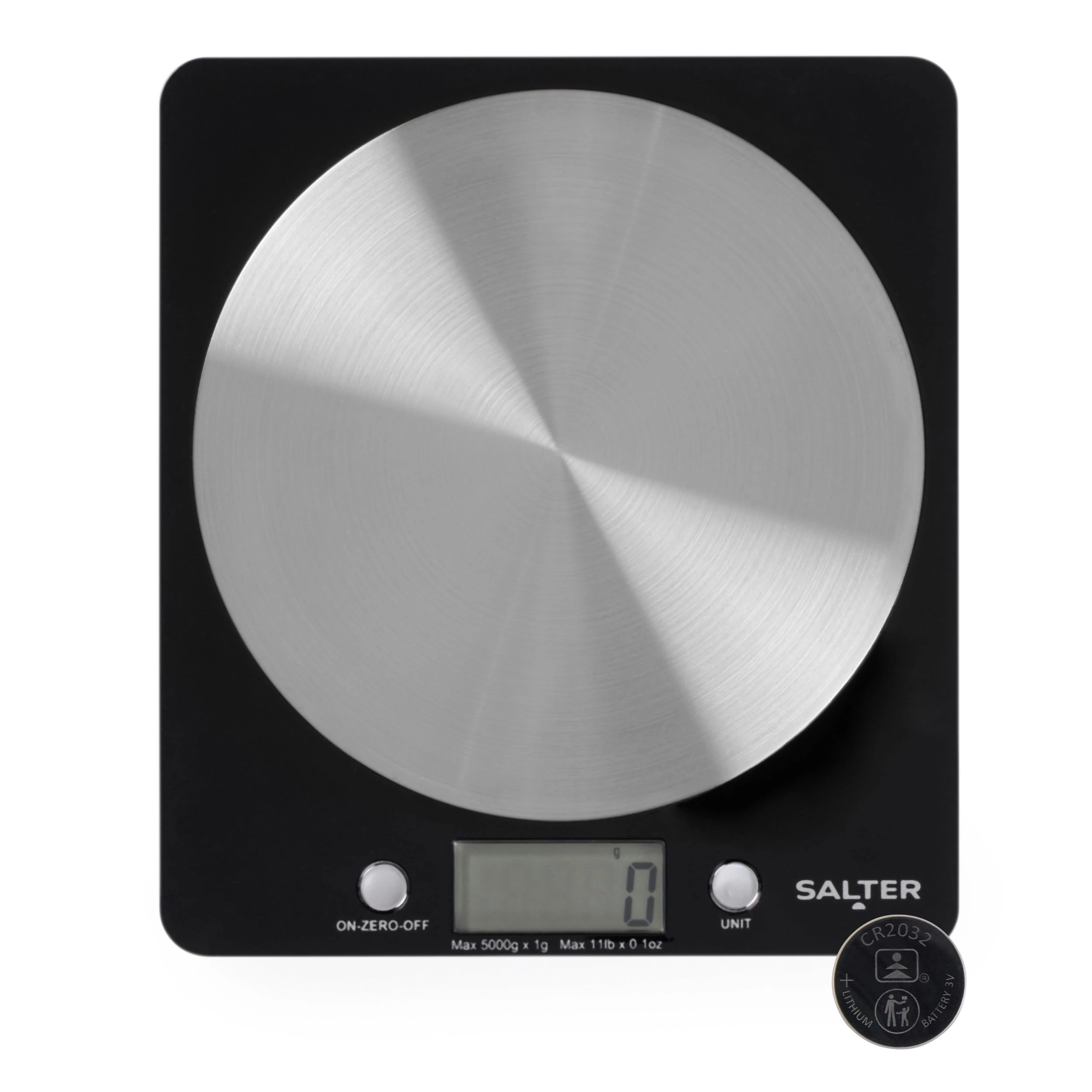 Salter 1036 BKSSDR Digital Kitchen Scale – Cooking & Baking Scales for Food Weight, Stainless Steel Weighing Platform, 5KG Capacity, Tare Function, Large LCD Easy Read Display, Measure Liquids, Black
