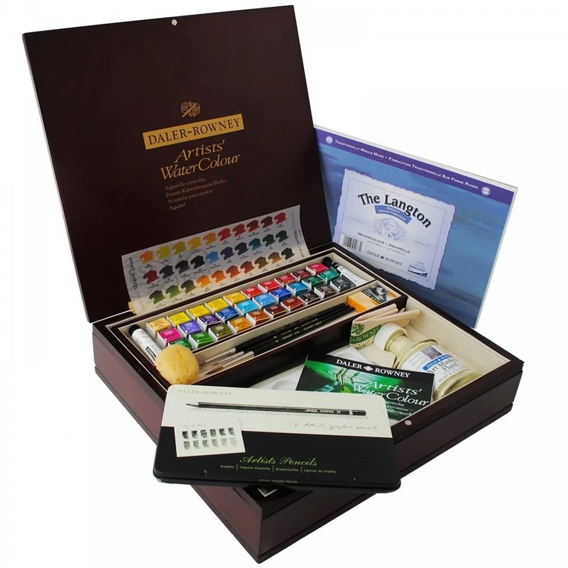 Daler-Rowney Artists' Luxury Large Watercolour Box Set, 30 Half Pan Assorted Colours, Complete Professional Watercolour Set, For Professional Artists