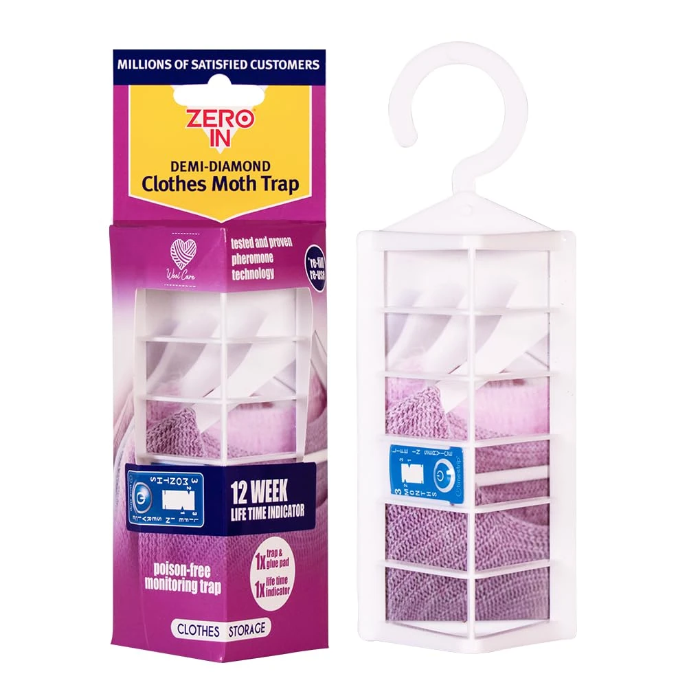 Zero In Demi-Diamond Clothes Moth Killer. Pheromone Technology. Poison-Free. Monitor Infestations. Hang in Wardrobes and Stand in Cupboards and Drawers, white