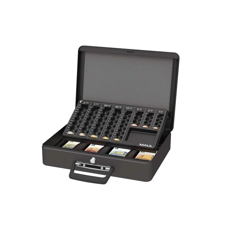 MAUL Cash Box with Steel Coin Counting Board, 37 x 29 x 12 cm, Lockable, Removable Note Compartment, Portable Cash Box with 2 Keys, Ideal as a Cash Register, Black