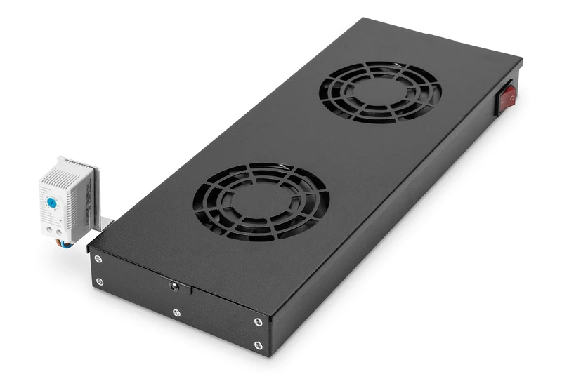 DIGITUS fan unit for 19-inch network cabinet – 2 fans – variable mounting on 19-inch profile rails – 1U – thermostat – air flow rate 4.6 m³ per minute – black