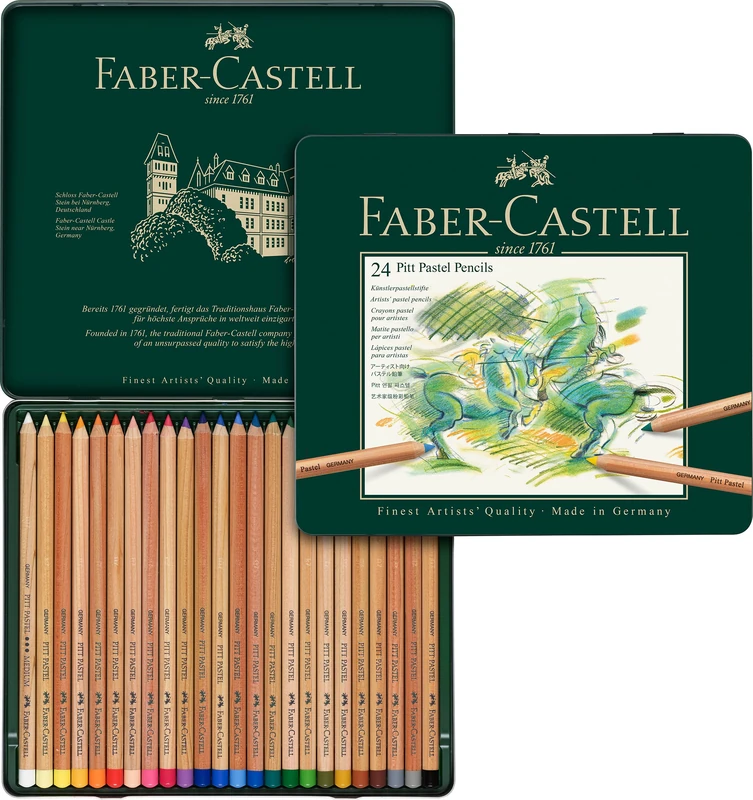 Faber-Castell Tin of 24 Pitt Pastel Artists Colouring Pencils, High Colour Ideal for Drawing, Sketching, Professional, Hobby Artists, Coloured Pencils Presented in Tin