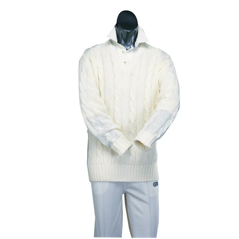 Gunn & Moore GM | Cricket Sweater Jumper | Classic Heavy Cable Knit | Long Sleeve | Plain Cream | Large to fit Chest 42"