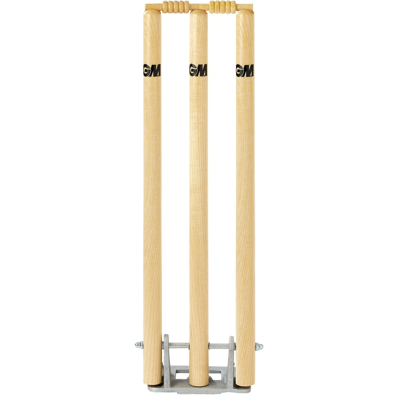 Gunn & Moore GM | Cricket Springbak Wicket 3 Stumps with Bails | Wood on Cast Iron Metal Base | Coil Spring Loaded Self-Righting | Regulation Height 28" Size out of Ground | Natural