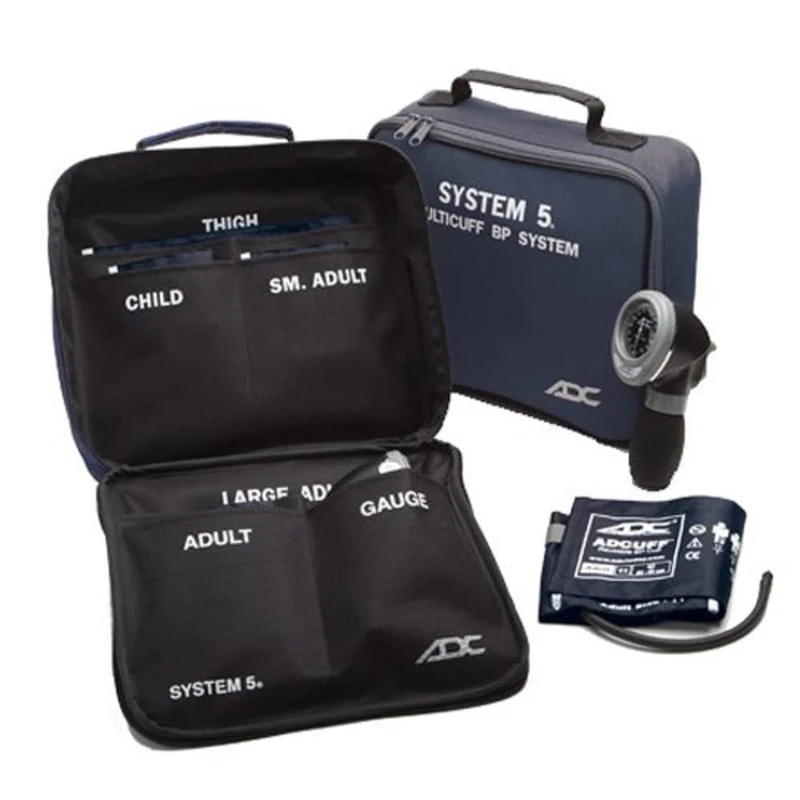 ADC Diagnostix System 5 (740-N), 5-Cuff EMT Kit, Professional Palm Aneroid Sphygmomanometer, Child, Small Adult, Adult, Large Adult, and Thigh BP Cuffs (13-66 cm), Black Zipper Storage Case, Navy