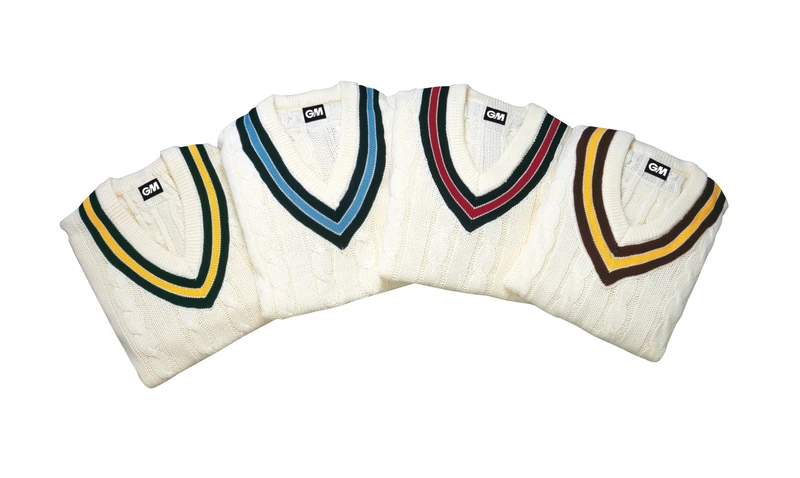 Gunn & Moore GM | Cricket Sweater Jumper Pullover | Classic Heavy Cable Knit | Long Sleeve | Cream with Maroon & Amber Trimmed Collar | Small Junior to fit Chest 27"