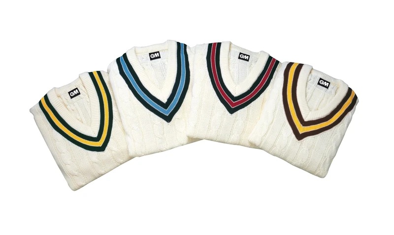 Gunn & Moore GM | Cricket Sweater Jumper Pullover | Classic Heavy Cable Knit | Long Sleeve | Cream with Maroon & Amber Trimmed Collar | Medium to fit Chest 38-40"