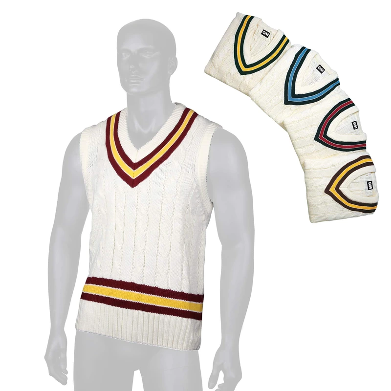 Gunn & Moore GM | Cricket Sweater Jumper Slipover | Classic Heavy Cable Knit | Sleeveless | Cream with Maroon & Amber Trimmed Collar | XXL to fit Chest 46"