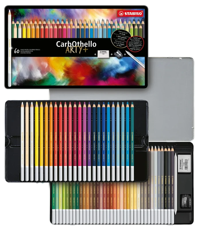 STABILO CarbOthello - Chalk-Pastel Pencil - ARTY+ - Tin of 60 - Assorted Colours with Sharpener, Kneaded Eraser and Blending Stump