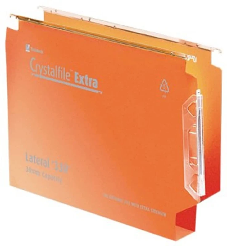 Rexel 330 Lateral Hanging Files with Tabs and Inserts, 30 mm base, Polypropylene, Orange, Crystalfile Extra, Pack of 25, 3000125