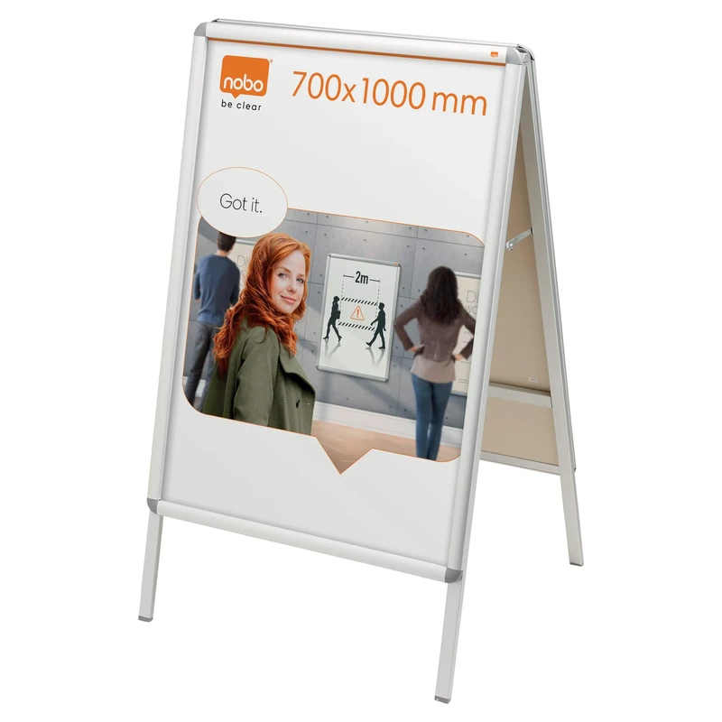 Nobo A-Board Sign Holder With Snap Frame, 700 x 1000 mm, Free-Standing, Double-Sided, Aluminium Trim, Anti-Glare Protective Cover, Premium Plus, Silver, 1902205