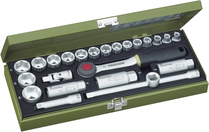 Proxxon 23110 Socket Set, 0 V, Multi-Colour, 3/8-Inch, Set of 24 Piece