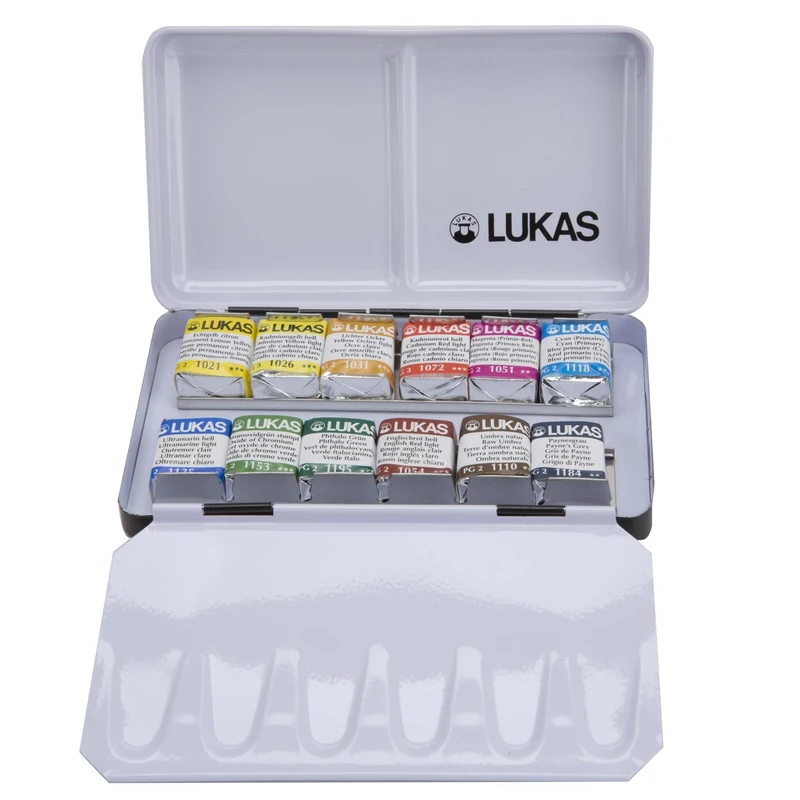 LUKAS 1862 Aquarell Half Pan Metal Box Set, 12 x Half Pan in Assorted Colours, For Professional Watercolour Artists