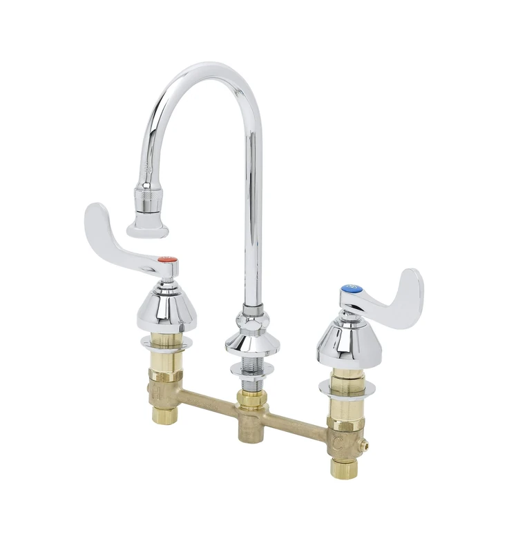 T&S Brass B-2865-04 Deck Mount 8-Inch Centers Rigid Gooseneck Medical Faucet with Rose Spray 4-Inch Wrist Handles