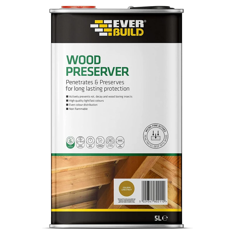 Everbuild Wood Preserver – Interior And Exterior Use – Low Odour – Quick Drying – Long Lasting Protection – Golden Chestnut – 5 Litres