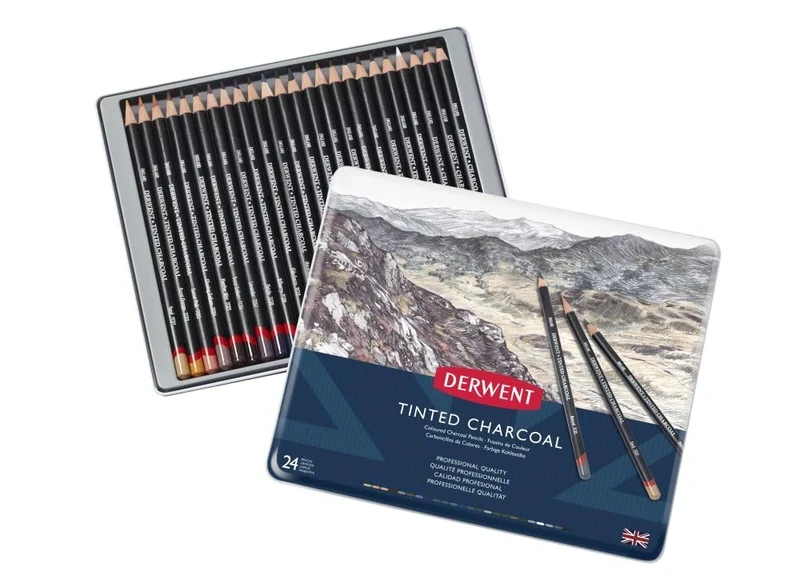 Derwent Tinted Charcoal Drawing Pencils, Drawing & Writing, Set Of 24, Watersoluble, Ideal For Blending & Smudging, Professional Quality, 2301691