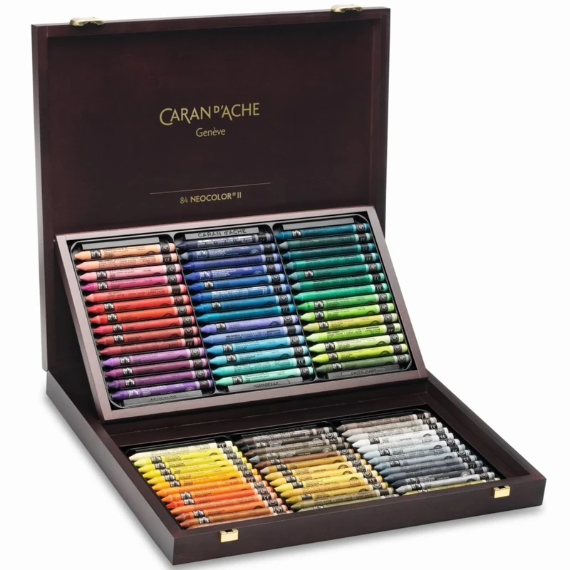 Caran d'Ache Neocolor II Aqua Wax Pastels, Multicoloured, Wooden Box of 84, Water Soluble Colour Wax Pastels For Professional And Hobby Artists