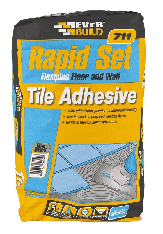 Everbuild 711 TileSet Flexiplus S1 Floor And Wall Tile Adhesive – Ready Mixed – Anti-Mould – Water Resistant – High Strength – Grey – 20kg