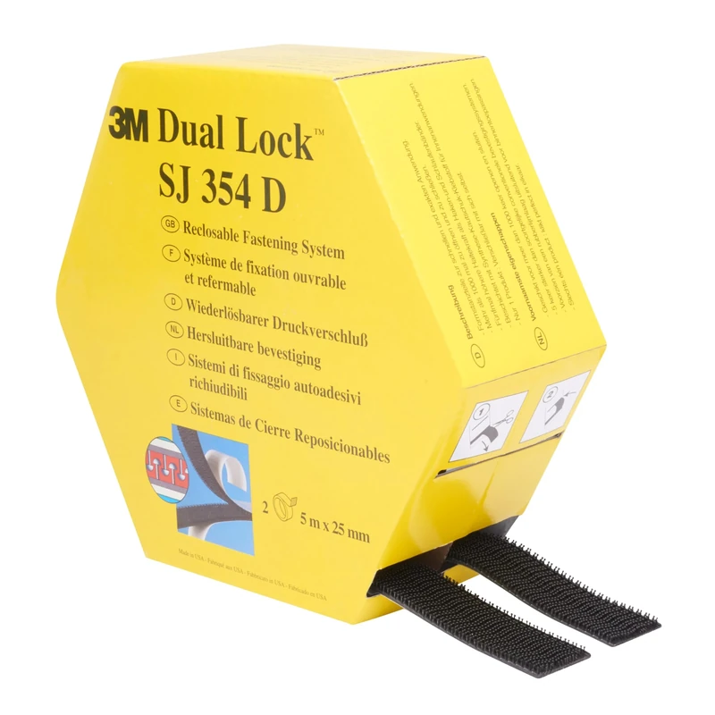 3M Dual Lock Reclosable Fastener SJ354D - Bonds Well To Many Low Surface Energy Materials (Polypropylene, Polyethylene) And Critical Paints -25mm X 10m, Engaged Thickness 5.7mm, Black (1 Pack)