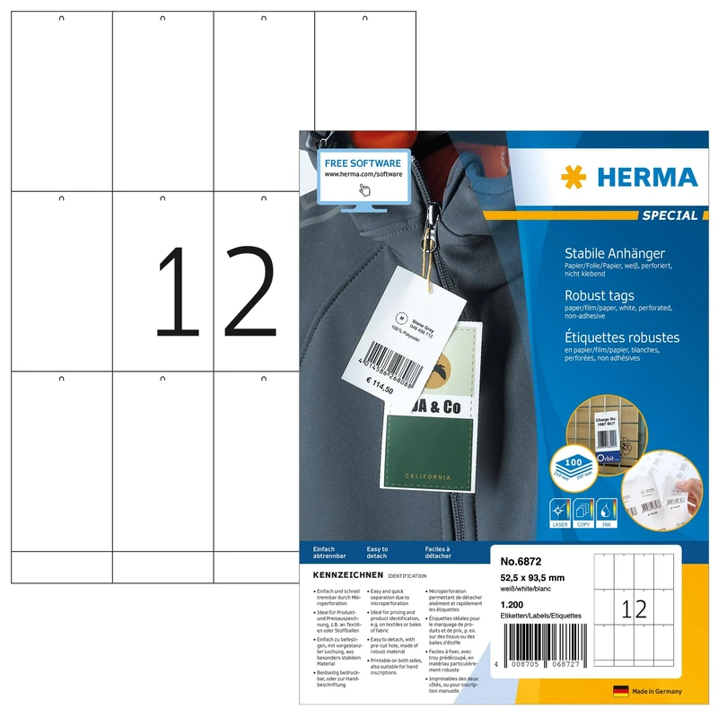 HERMA Printable Tags, 1200 Pieces, 12 Labels per A4 Sheet, 52.5 x 93.5 mm, White, Non-Adhesive, Perforated, Rectangular Price Tags