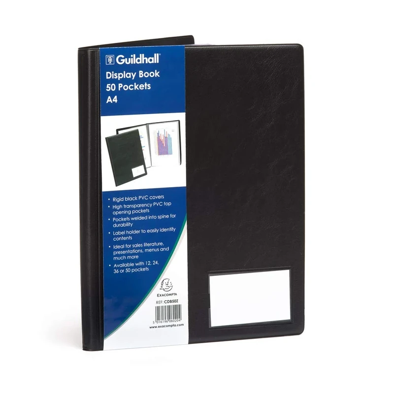 Exacompta - Ref CDB50Z - Guildhall Collection - Premium Display Book - Suitablde for A4 Documents, 50 Pockets, 100 Viewing Pages - Rigid Black PVC Cover