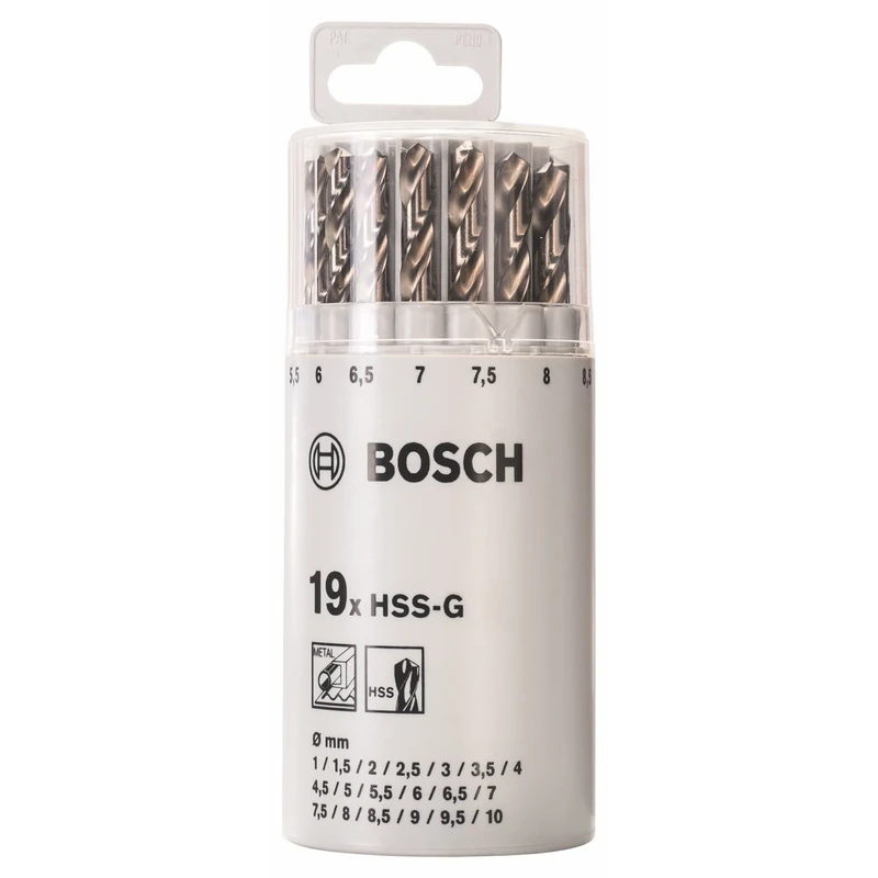Bosch Professional 19-piece metal drill bit set HSS-G 135° DIN 338 (for metal, Ø 1 - 10 mm, in Plastic Tube, Accessory Drill Driver)