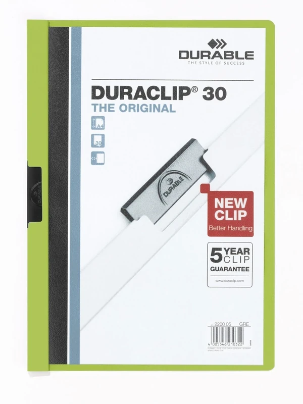 Durable DURACLIP 30 A4 Clip Folder - Holds Up to 30 Sheets of A4 Paper - Strong Metal Sprung Clip - Pack of 25 Green Colour Folders for Organising Documents