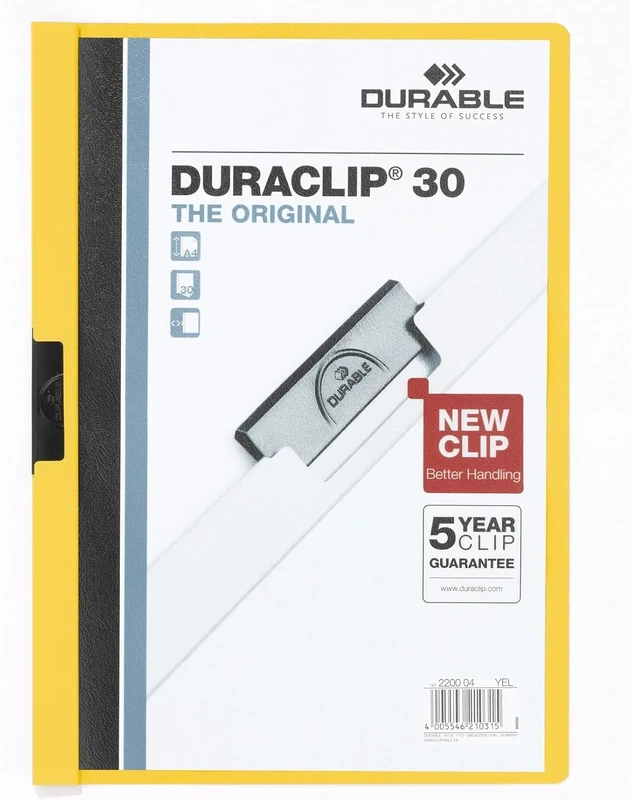 Durable DURACLIP 30 A4 Clip Folder - Holds Up to 30 Sheets of A4 Paper - Strong Metal Sprung Clip - Pack of 25 Yellow Colour Folders for Organising Documents