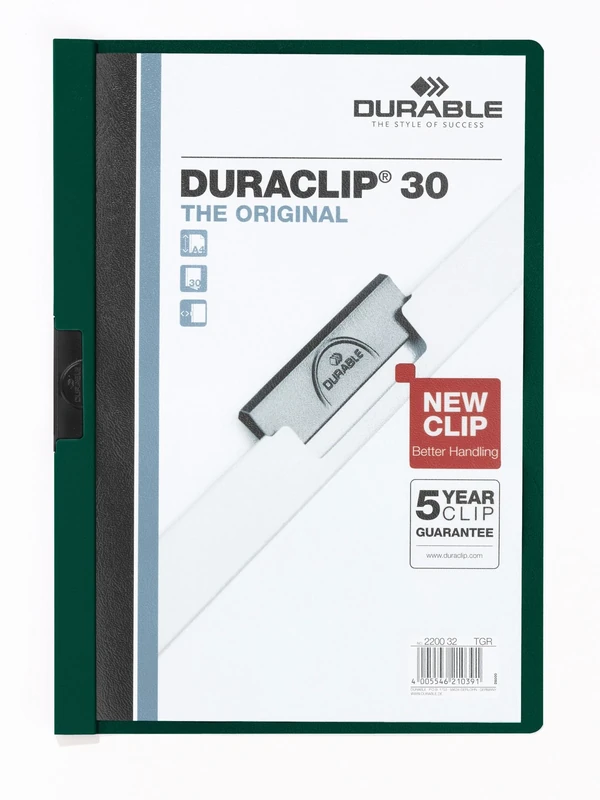 Durable DURACLIP 30 A4 Clip Folder - Holds Up to 30 Sheets of A4 Paper - Strong Metal Sprung Clip - Pack of 25 Dark Green Colour Folders for Organising Documents