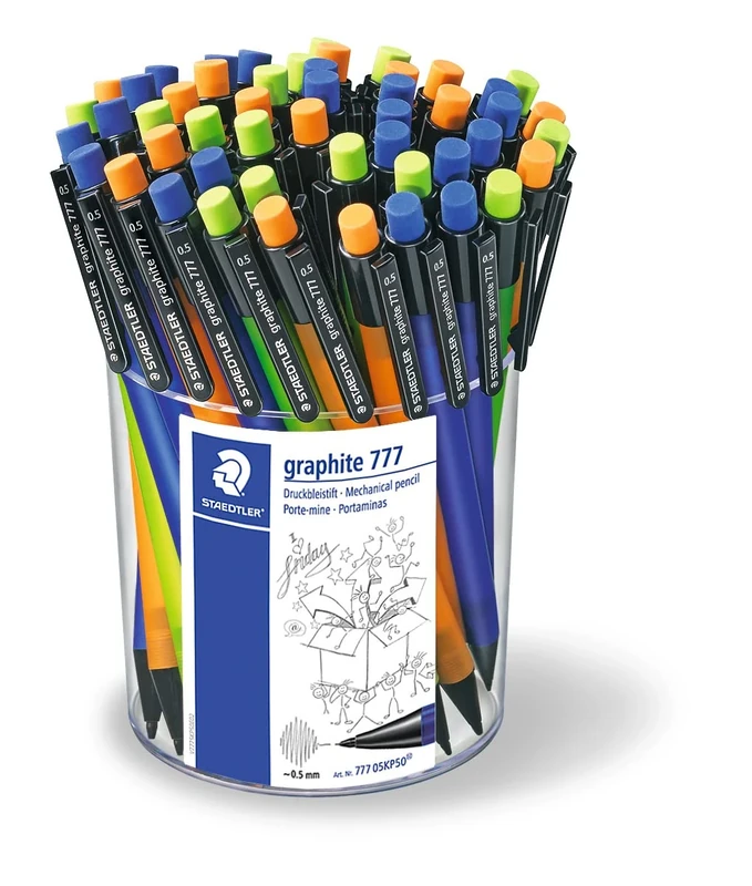 Staedtler 777 05KP50 Mechanical Pencil Graphite Filled with B Ink Cartridge Diameter 0.5 mm – 3 Barrel Colors, Pack of 50 in a Tube Value Pack Blue/Orange/Green - Image 1