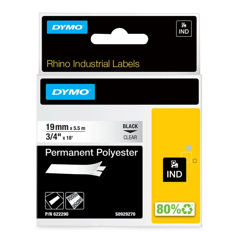 DYMO Rhino Industrial Permanent Polyester Labels | 19 mm x 5.5 m | Black Print on Clear | Self-Adhesive | for LabelManager & Rhino Label Makers - Image 1