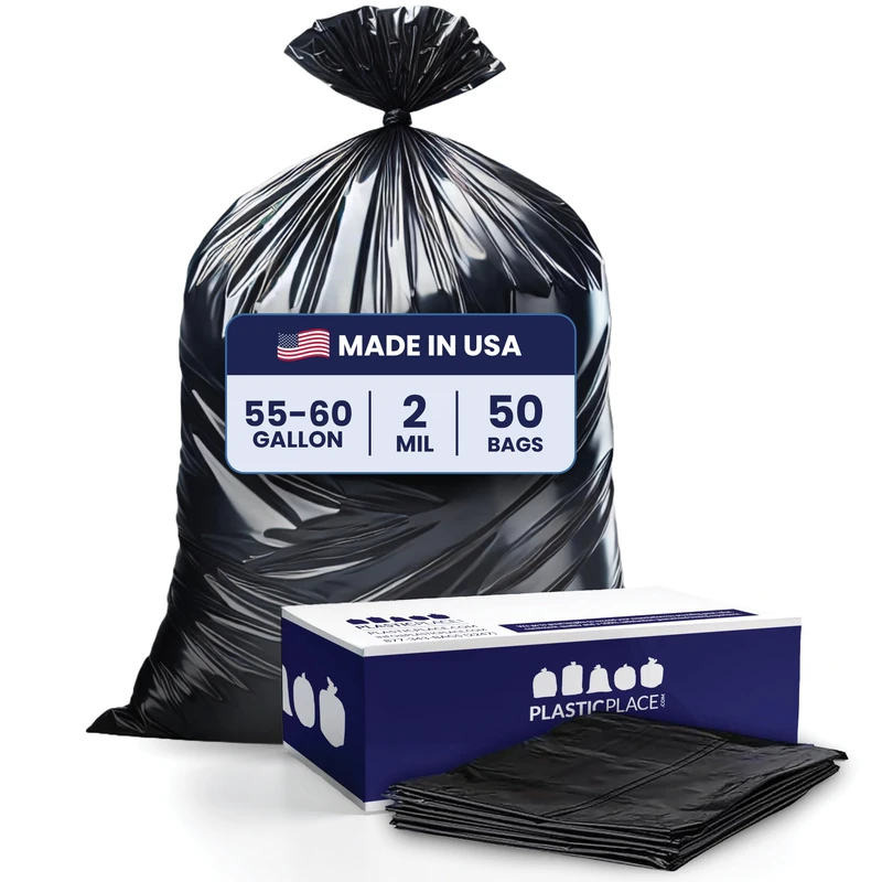 Plasticplace 55-60 Gallon Trash Bags │ 2.0 Mil │ Black Heavy Duty Garbage Can Liners │ 36” x 58”,50 Count (Pack of 1)
