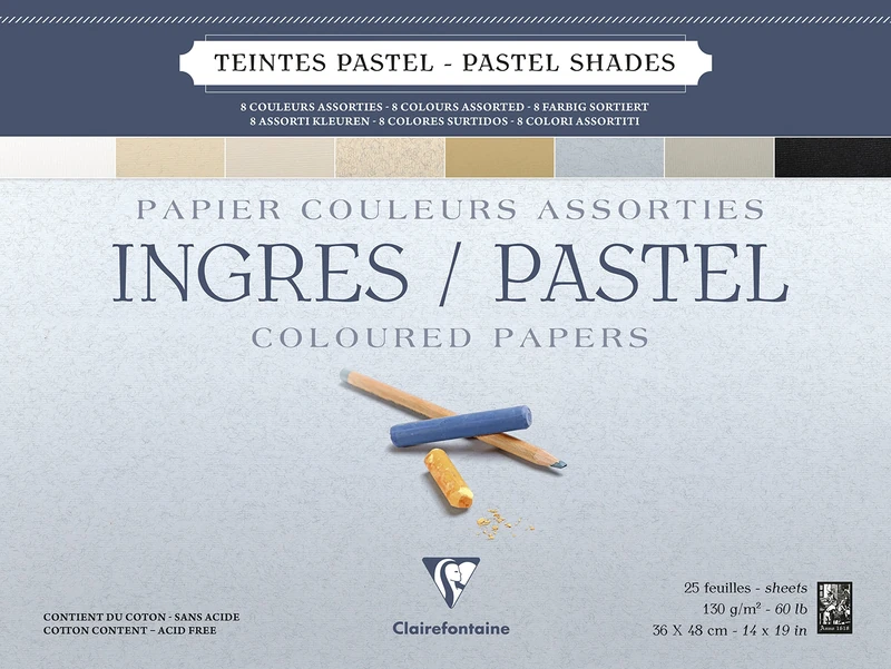 Clairefontaine - Ref 96489C - Ingres Pastel Colour Glued Pad (25 Sheets) - 36 x 48cm Size, Cotton Content, Acid Free, 130gsm Paper - Assorted Pastel Colours