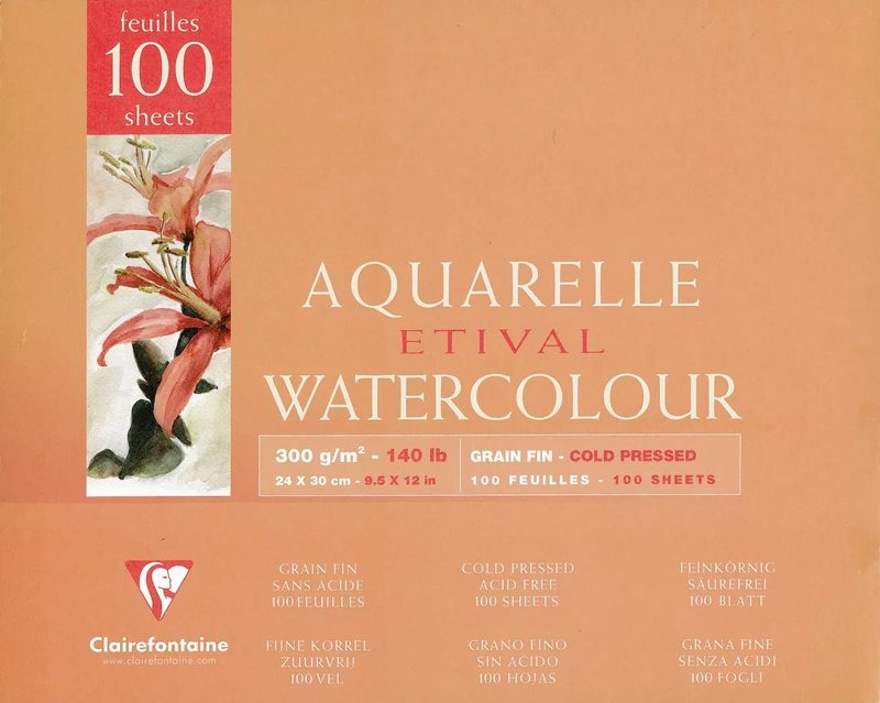 Clairefontaine - Ref 96475C - Etival Cold Pressed Glued Watercolour Painting & Drawing Pad (10 Sheets of Paper) - 24 x 30cm - 300gsm Cellulose Art Paper