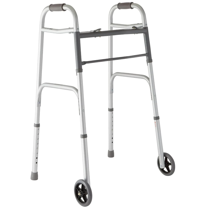 Medline Two-Button Folding Walker with Wheels, Metallic, 1 Count