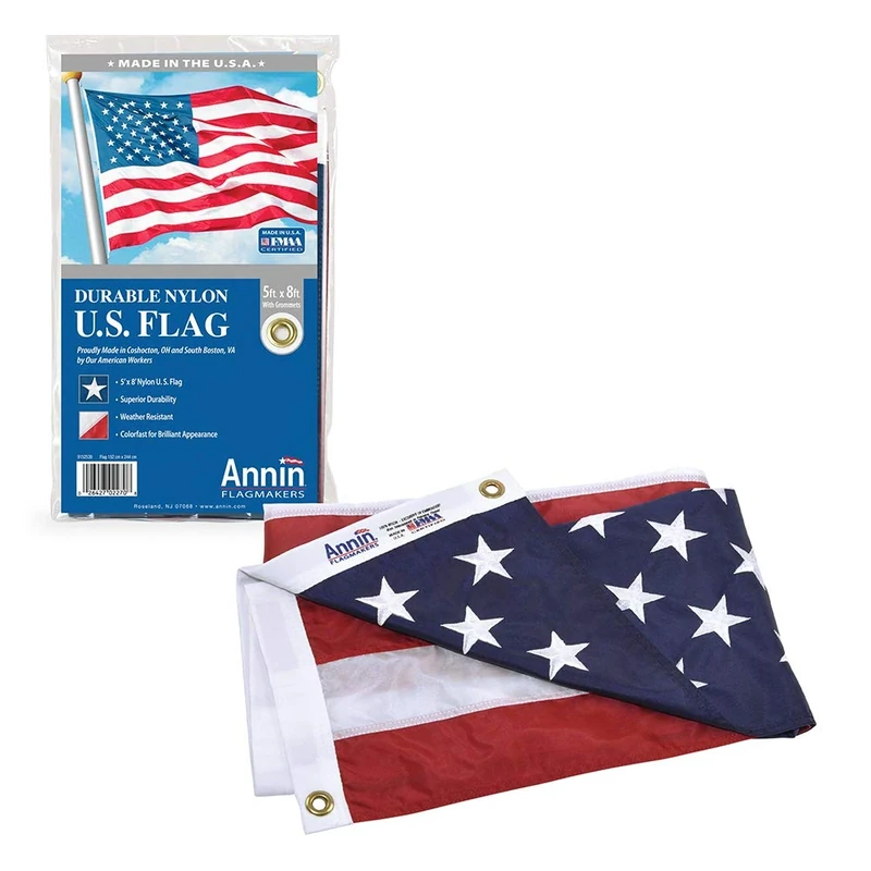 Annin Flagmakers Model 2270 American Flag All-Weather Nylon SolarGuard Nyl-Glo, 5 x 8 Feet