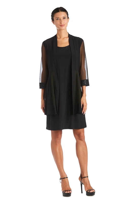 R&M Richards Women's 2 Piece Mesh Panel Beaded Neck Jacket Dress, Black, 6