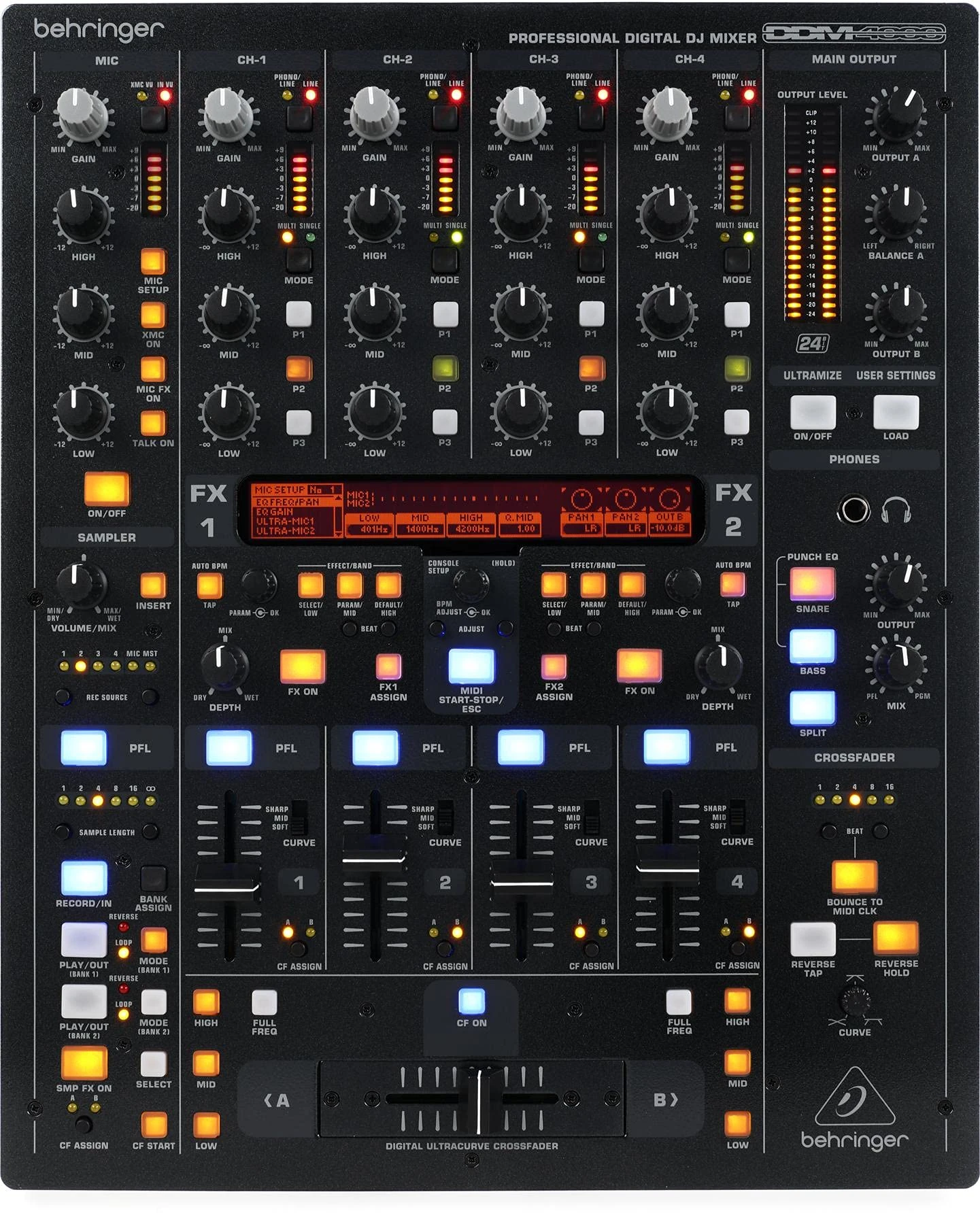 Behringer DIGITAL PRO MIXER DDM4000 Ultimate 5 Channel Digital DJ Mixer with Sampler, 4 FX Sections, Dual BPM Counters and MIDI