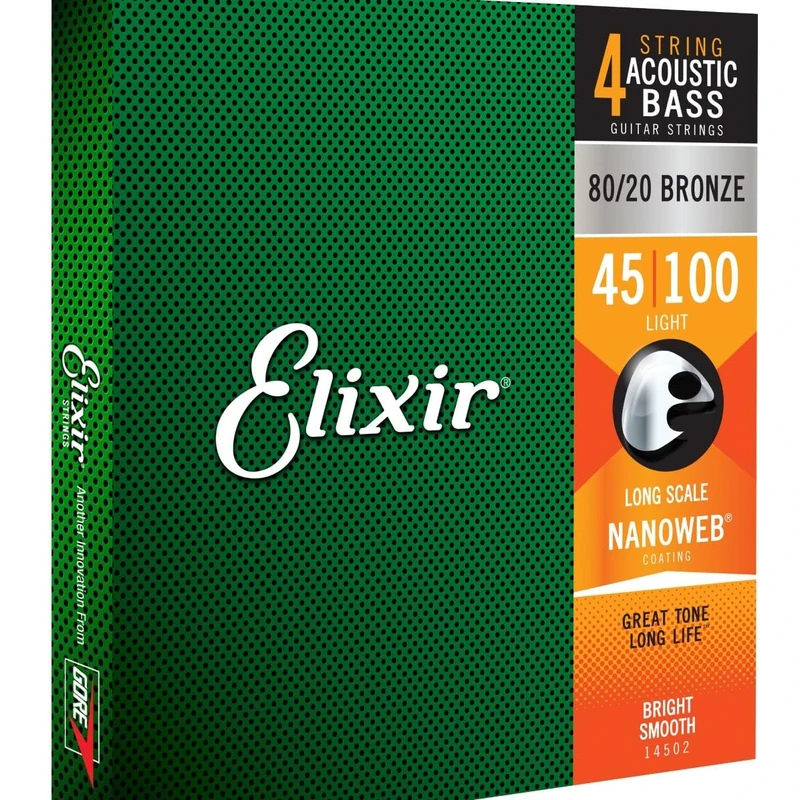 Elixir Strings 80/20 Bronze Acoustic 4-String Bass Strings w NANOWEB Coating, Long Scale, Light (.045-.100)