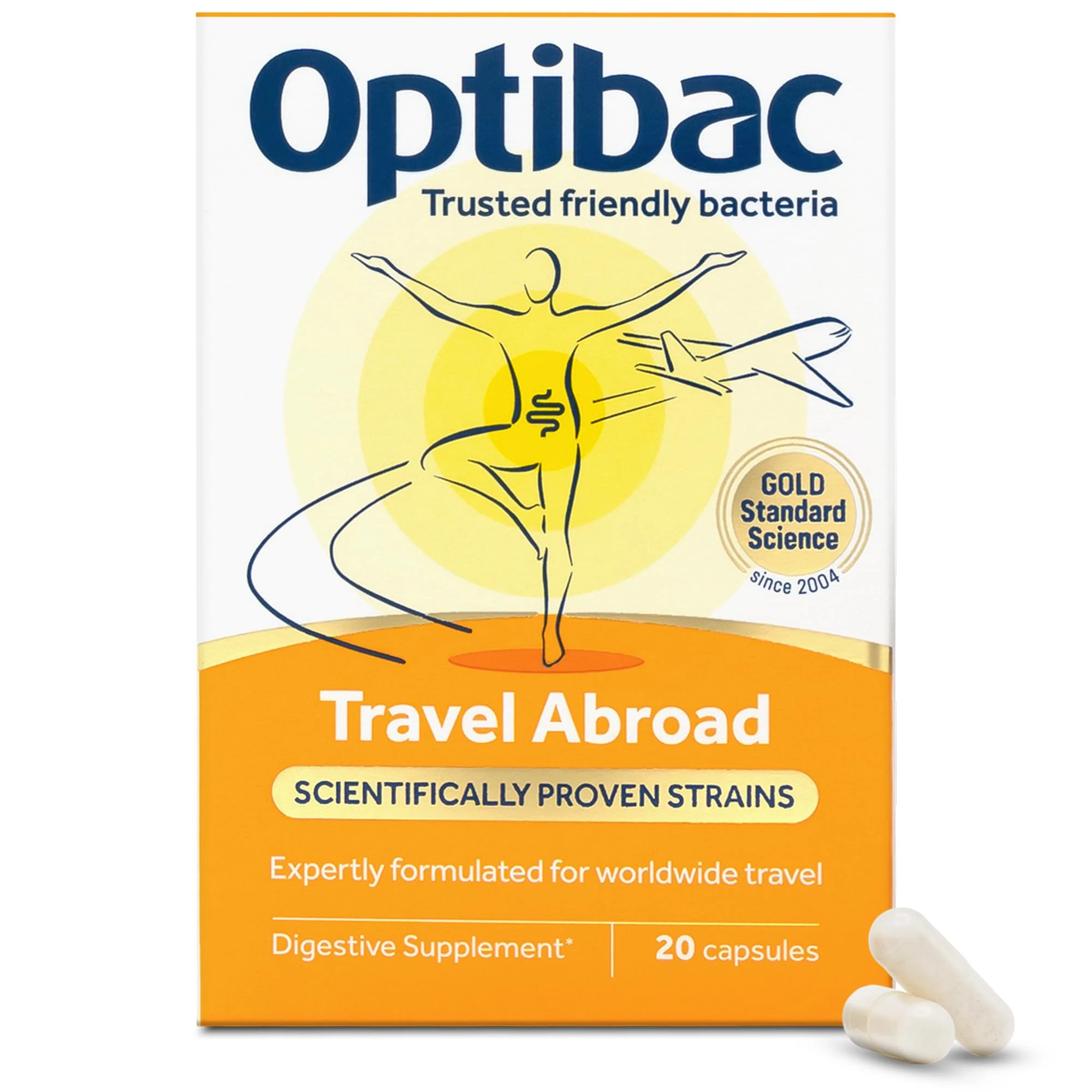 Optibac Probiotics Travel Abroad - Vegan Travel Probiotics - Digestive Supplement with Saccharomyces Boulardii, Lactobacillus & Bifidobacterium - Most Trusted & Recommended Brand - 20 Capsules