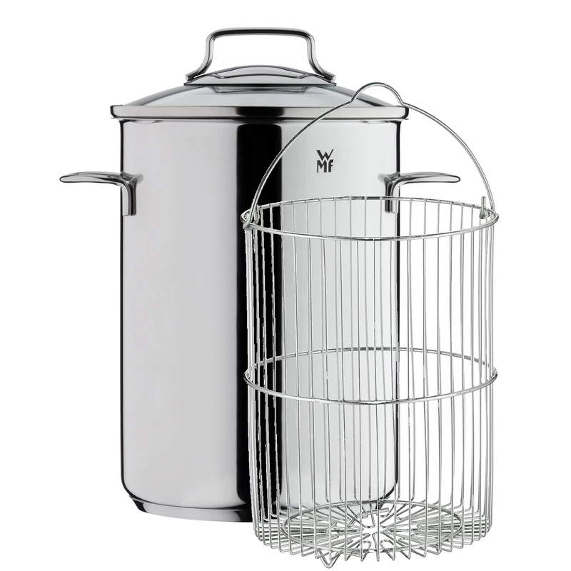 WMF asparagus pot high with glass lid 16cm, steam cooker 4.5, Cromargan polished stainless steel, induction pot with sieve insert, suitable for pasta, spaghetti, vegetables