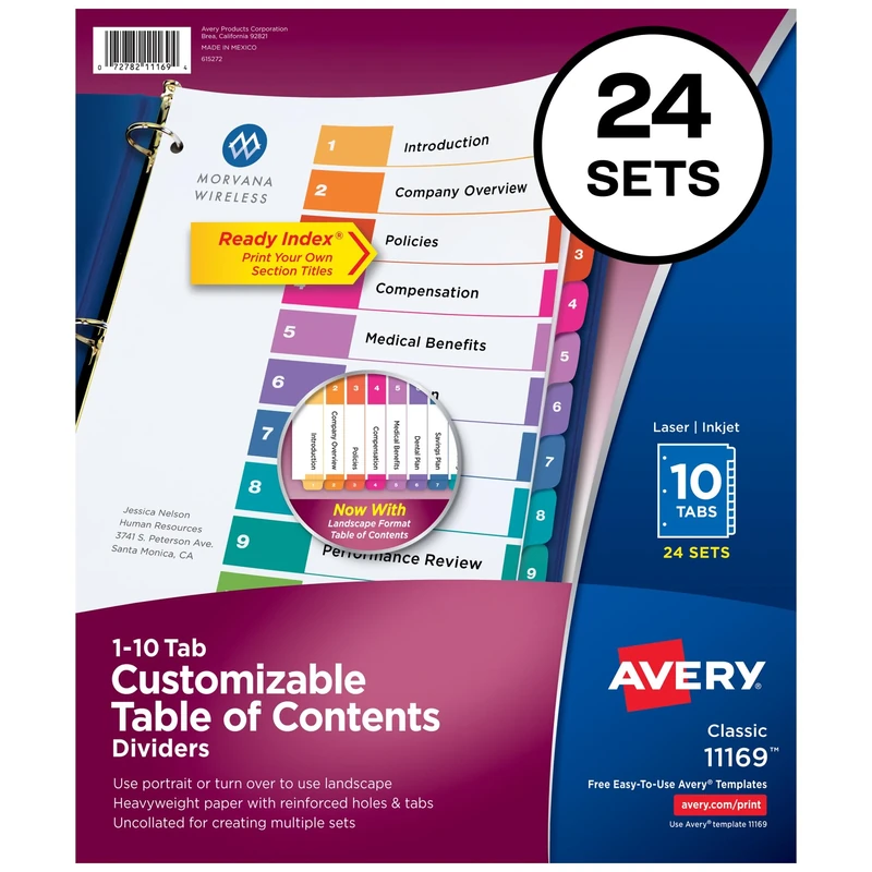 Avery 10 Tab Dividers for 3 Ring Binders, Customizable Table of Contents, Multicolor Tabs, 24 Sets (11169)